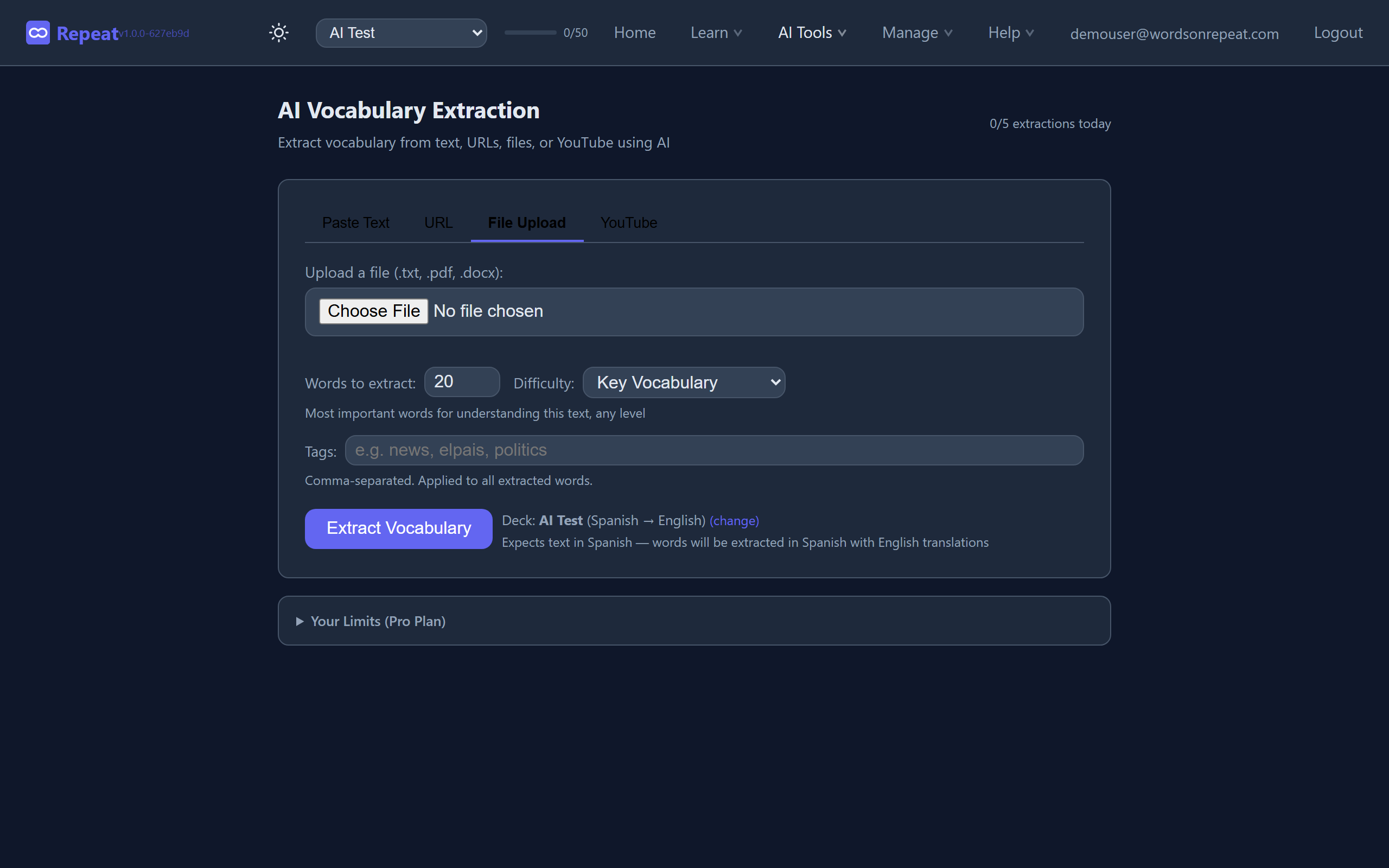 AI extraction from a file - upload a PDF, DOCX, EPUB, or TXT file