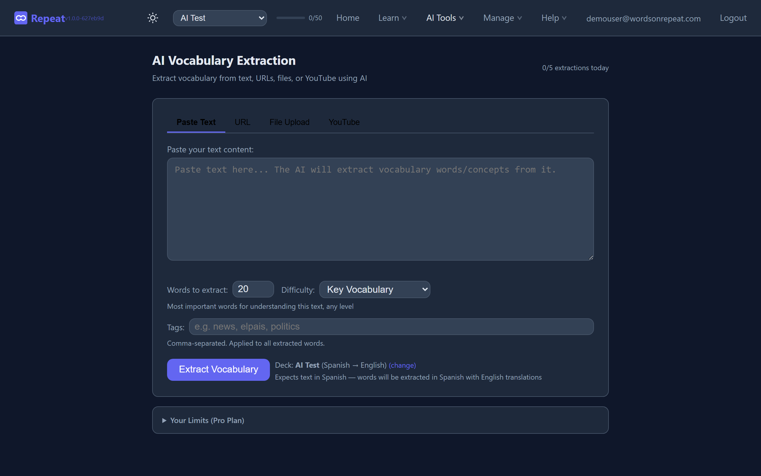 AI extraction from text - paste any content and extract vocabulary cards