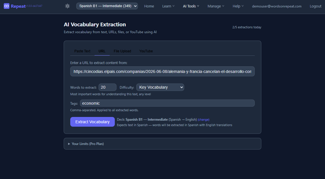 AI extraction: paste a URL and get vocabulary with translations and example sentences from the article