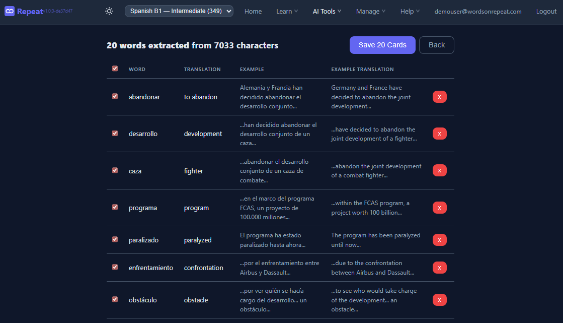 Preview extracted words before saving — each card includes the original sentence from the article
