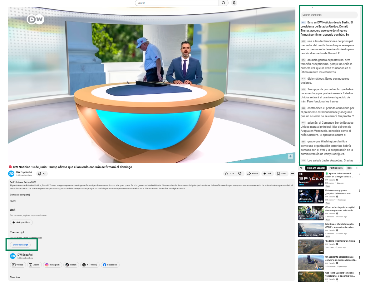 YouTube transcript panel — click "Show transcript" to reveal the subtitles text you can copy